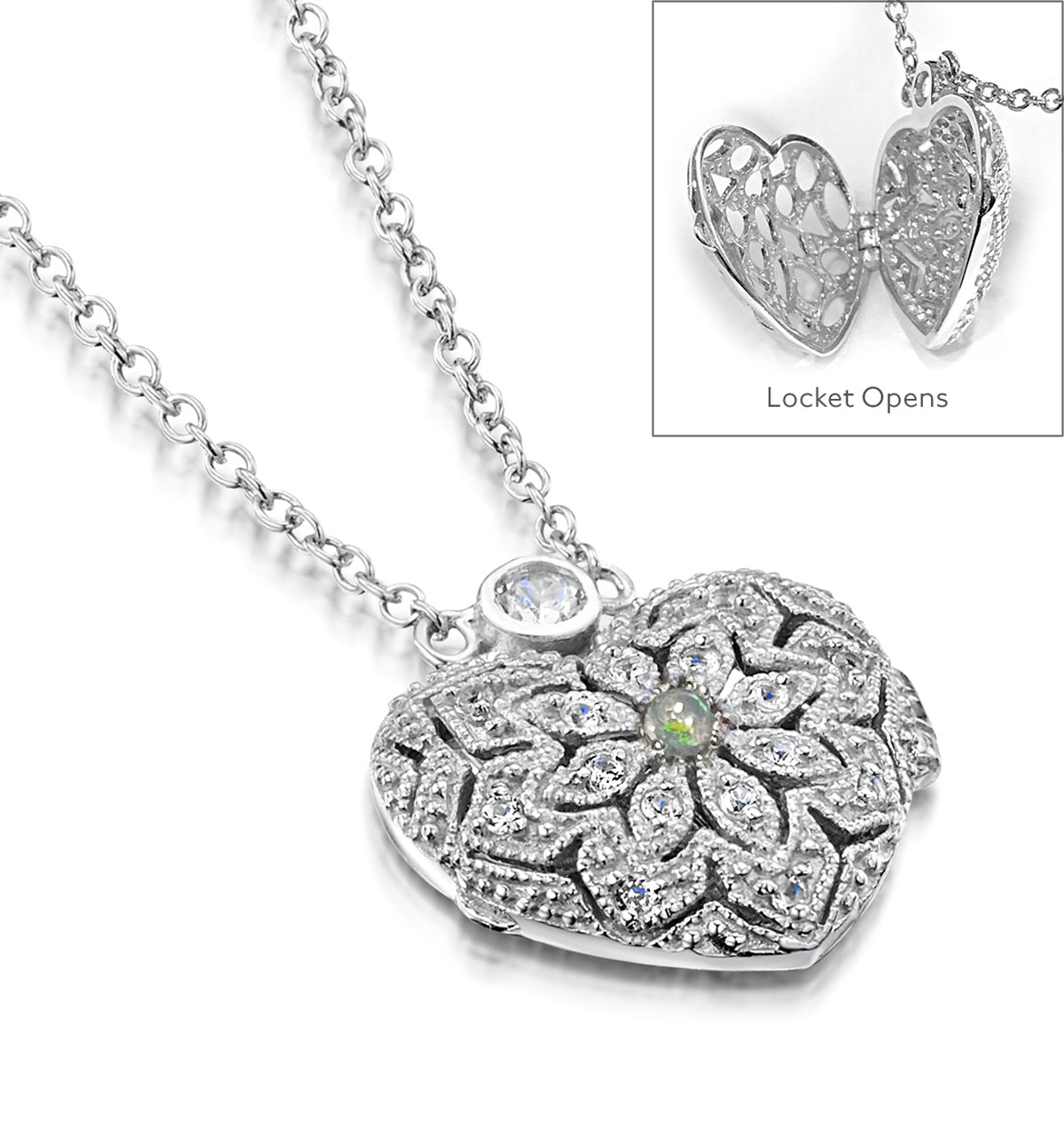 Opal October Birthstone Vintage Locket Necklace White Topaz in Silver